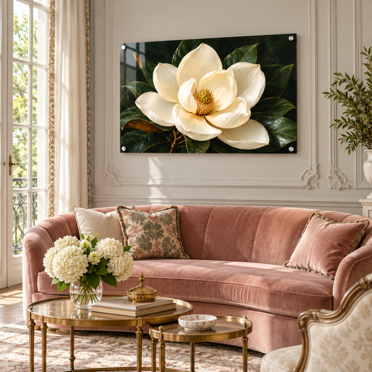 Magnolia After Dark floral acrylic art in an elegant room
