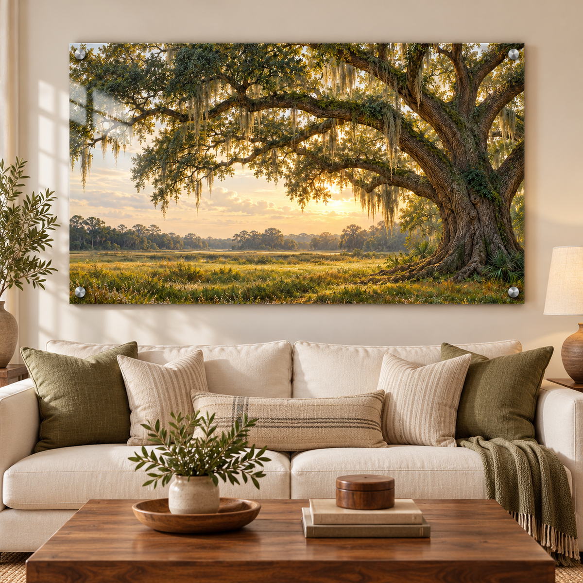 Southern Roots live oak acrylic wall art above a sofa in a living room