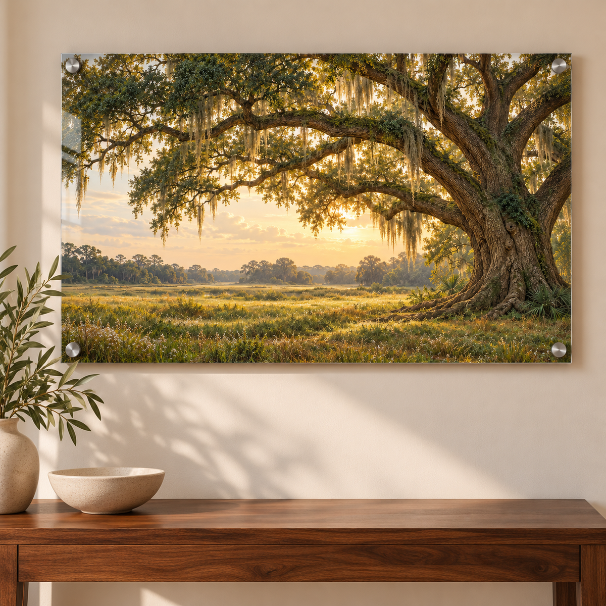 Southern Roots live oak acrylic wall art in an entryway