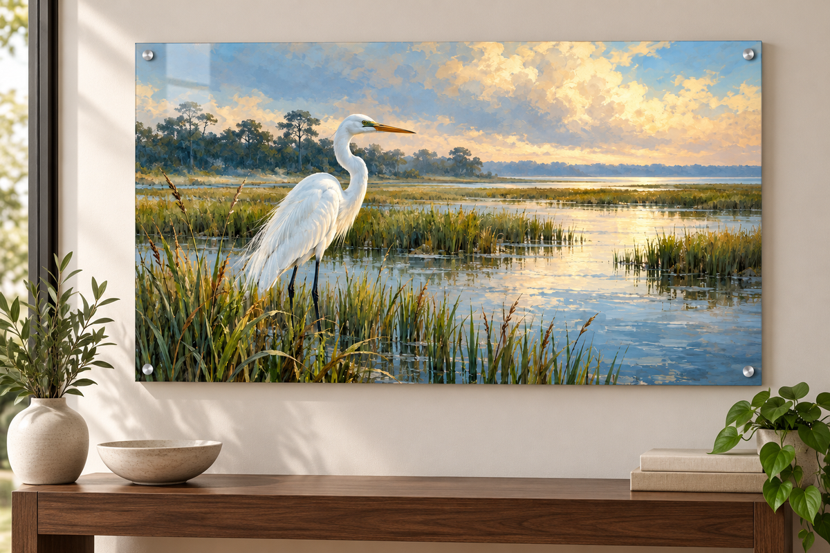 Marsh Light heron acrylic wall art in an entryway