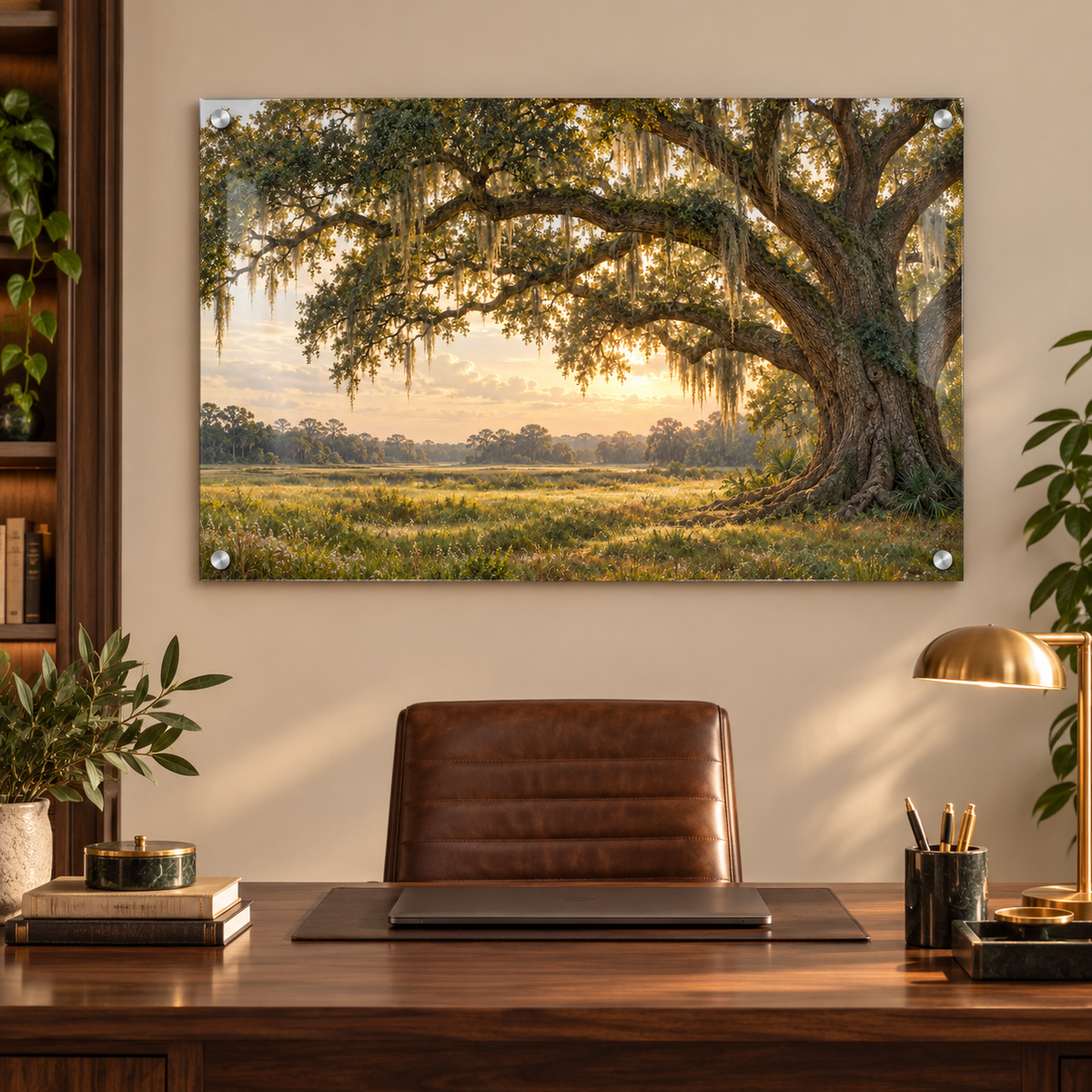 Southern Roots live oak acrylic wall art hanging in a home office