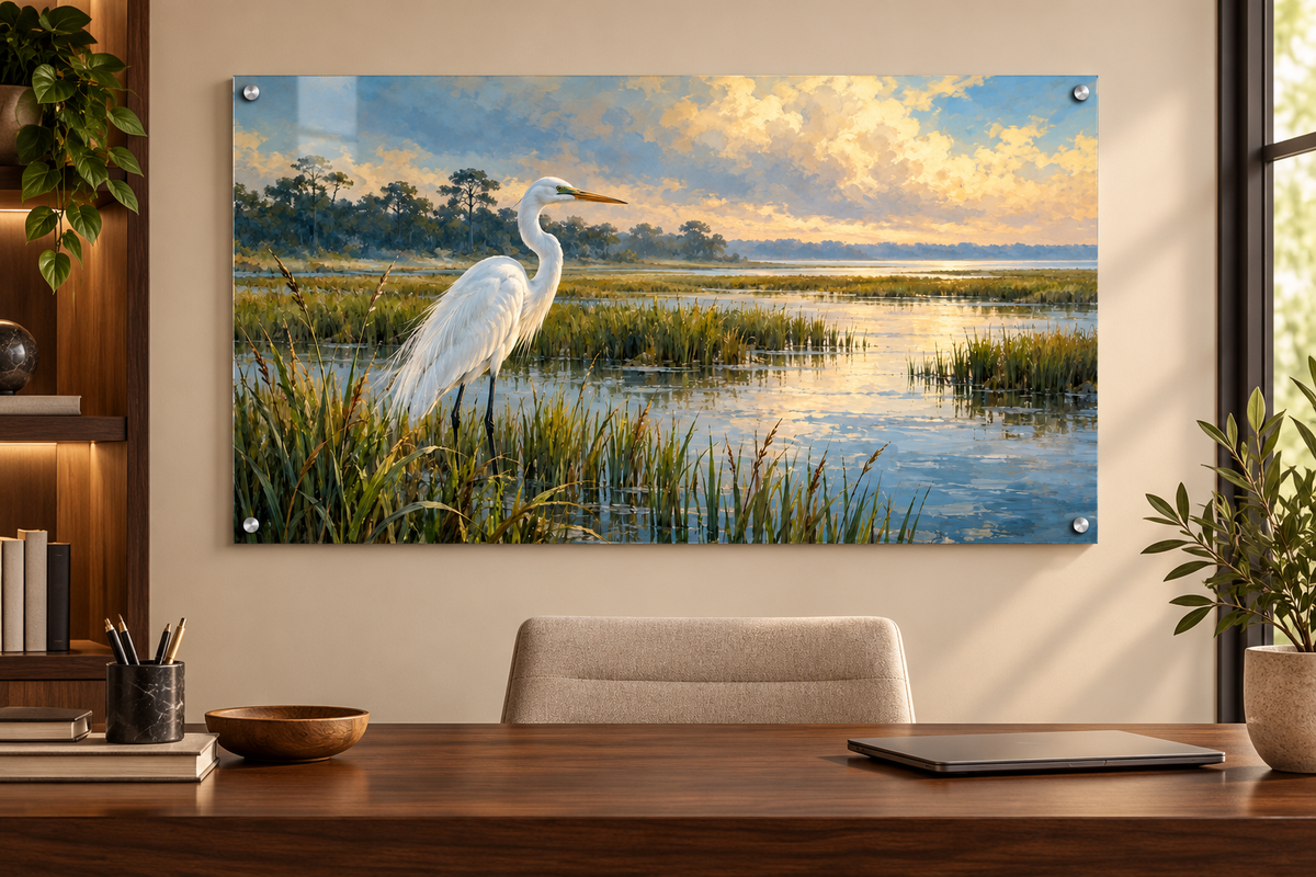 Marsh Light heron acrylic wall art hanging in a home office