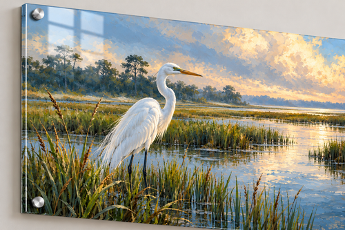 Marsh Light heron acrylic wall art, close-up of artwork detail