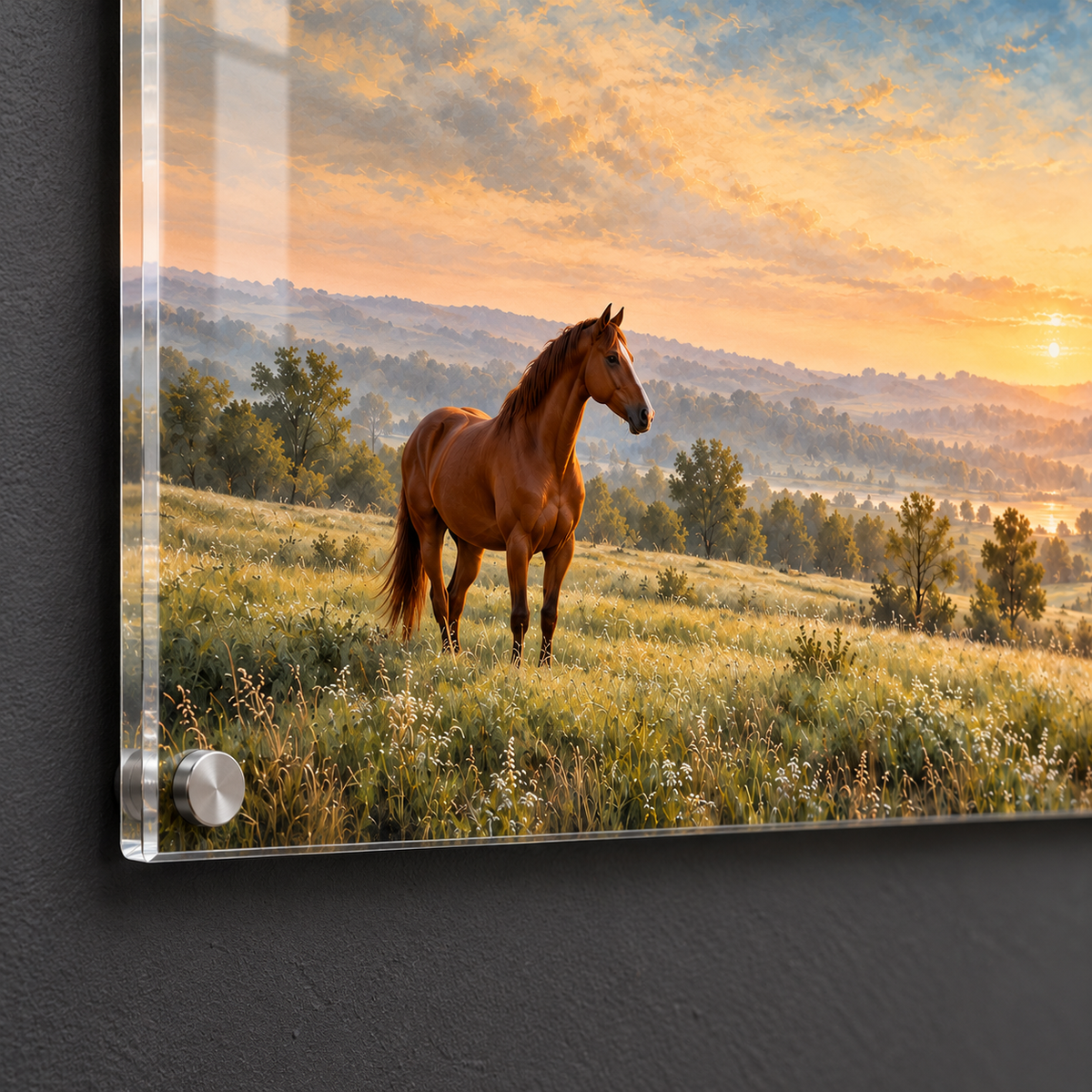 Quiet Meadow horse acrylic panel, close-up of gloss finish