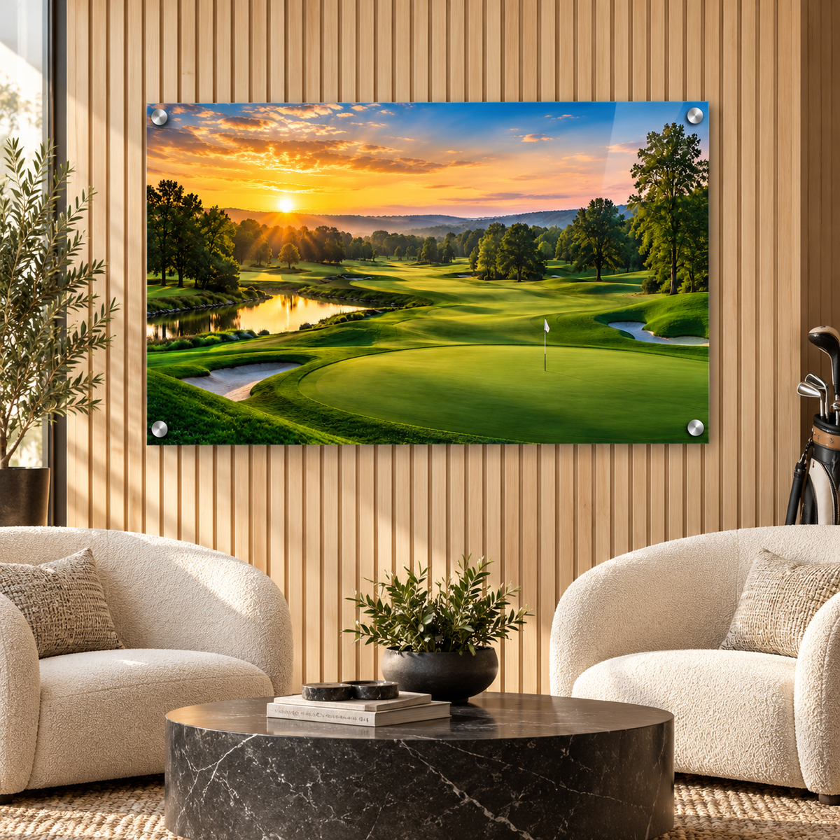 First Light Fairway golf course acrylic art in a clubhouse lounge