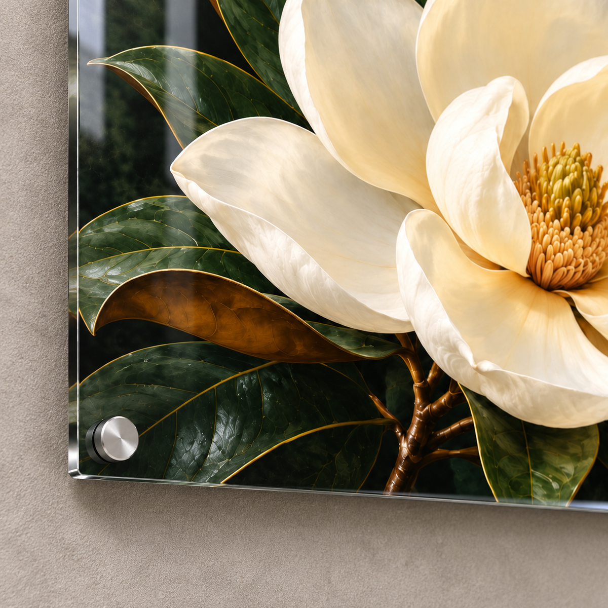Magnolia After Dark acrylic corner with silver metal standoff